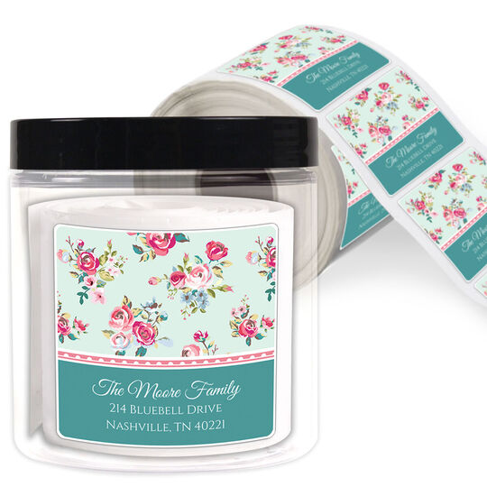 Delicate Roses Square Address Labels in a Jar